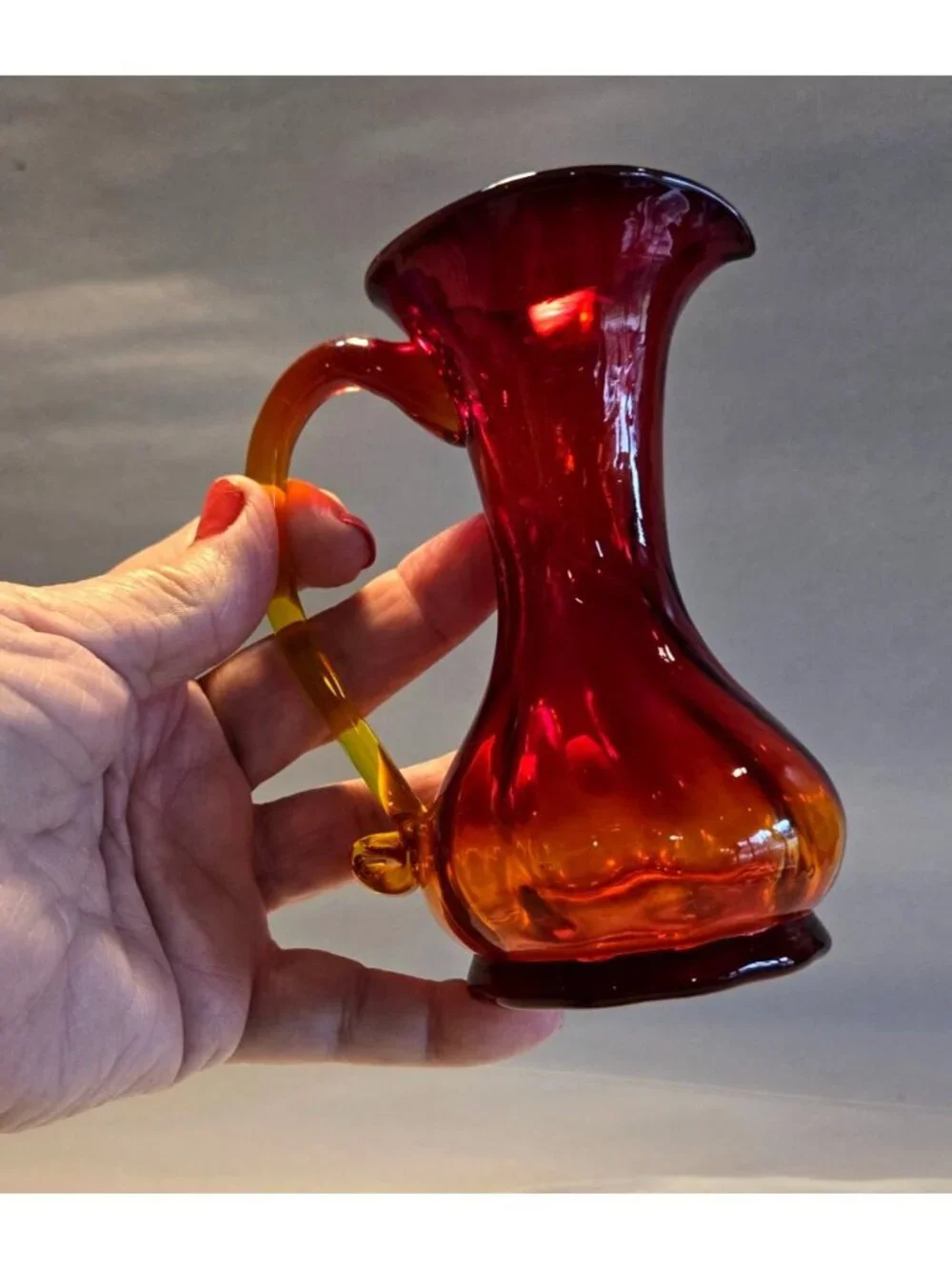 Kanawha Amberina 5” Glass Pitcher Bud Vase Red Yellow Tint Vtg Handcrafted